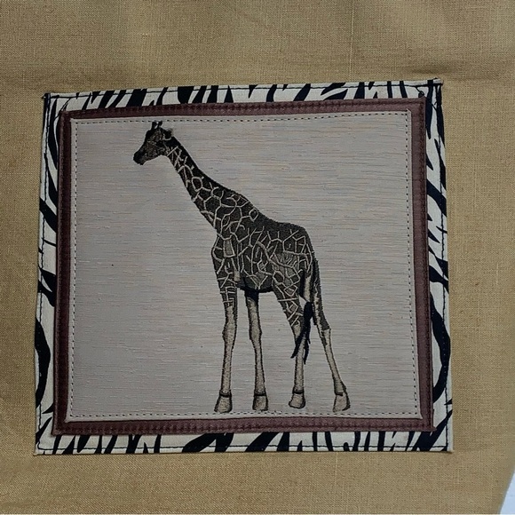 Tan Tote Handbag Brown Leather Straps/Zebra Print Trim Embroidered Giraffe NWOT - Picture 3 of 13